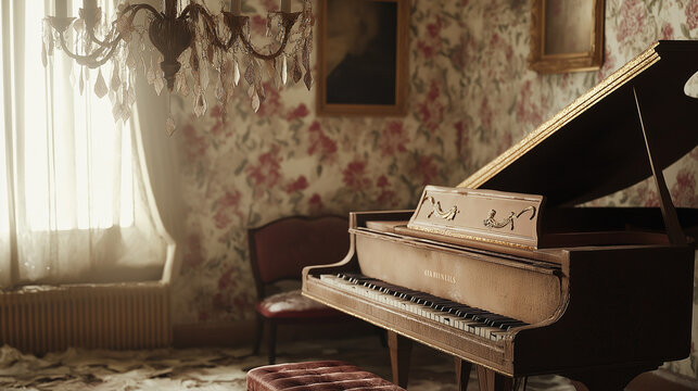 A richly detailed view of timeless classical music studio - an elegant mix of harpsichord, spinet, piano, and more, accented by a chandelier, framed artwork, and an inviting open window.