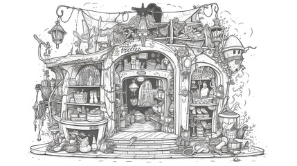 64. Tiny magical shop in a boot, drawn in clean black outlines with fantasy decorations