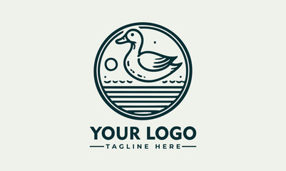 Minimalist Line Art Logo of a Duck in a Circle with Water Lines. Animal Logo Concept