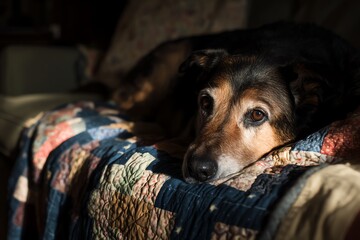 Dog resting on a colorful quilt indoors