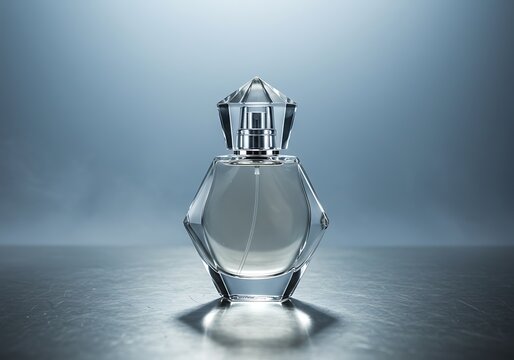 Elegant perfume bottle with diamond shaped cap on a reflective s