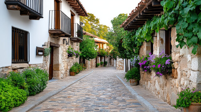 Charming village street lined with stone houses, vibrant flowers, and greenery