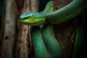Obraz premium Green Tree Viper: Emerald Scales, Intense Gaze, Natural Beauty