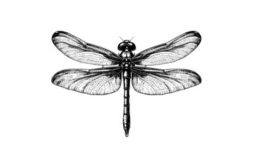 Hand-drawn dragonfly in vintage engraving style, detailed insect and floral illustration, antique wildlife print, black sketch, old engraving, rustic nature art, trendy vintage botanical art