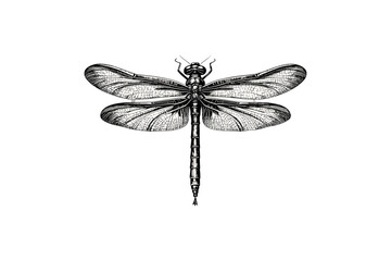 Vintage hand-drawn dragonfly, detailed insect illustration, rustic nature art, antique wildlife print, black sketch effect, old engraving style, floral scene, trendy nature decor, fine line art