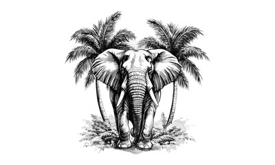 Engraved Safari Animal Art, Vintage Hand-drawn Elephant, Jungle Trees Illustration, Rustic Wildlife Decor, Black Sketch Drawing, Detailed Nature Artwork, Classic Animal Print