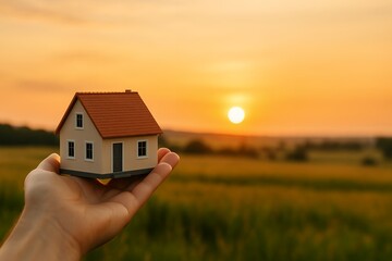 A person's hand gently cradles a miniature house against a breathtaking sunset backdrop of golden fields, concept for real estate, homeownership, and idyllic living