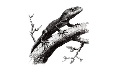 Vintage hand-drawn anole lizard on branch, monochrome reptile etching, retro wildlife illustration, black sketch style, jungle nature wall art, old engraving, trendy exotic decor