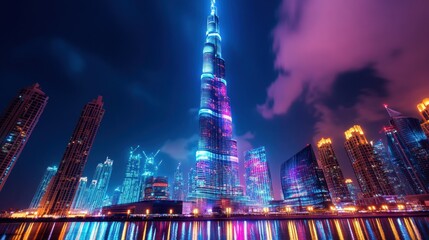 A towering skyscraper in Dubai lit up with holographic highlights of an international eSports match.