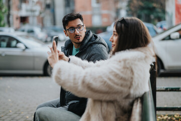Naklejka premium A young man and woman interact outdoors, with the man smiling at the camera and the woman holding a smart phone. Urban background complements the friendly and comfortable atmosphere of the scene.