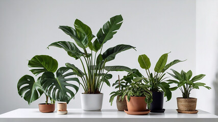 Stylish indoor plants in modern pots on a white surface