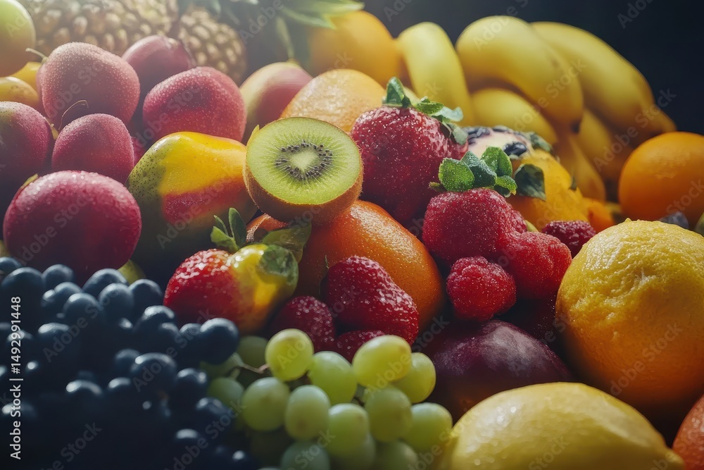 Poster freshness of various fruits displayed in seamless time lapse sequence with vibrant colors and textur