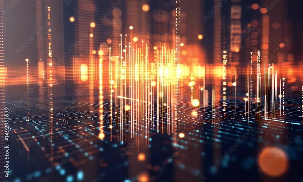 Poster digital background featuring orange and teal grid lines, data visualization, web design elements, wi