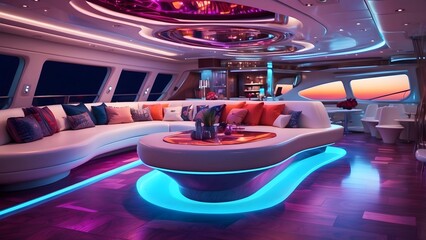 A radiant party yacht glowing with vibrant neon floors on a cosmic ocean, Cinematic theme, HDR, Vibrant