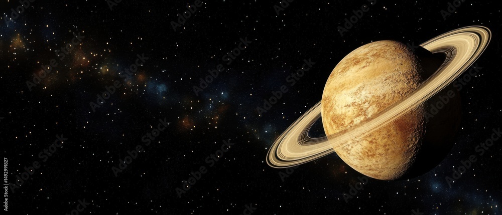 Poster saturn planet with rings in deep space against starry background astronomy illustration rendering