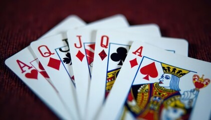 Playing cards arranged in a royal flush sequence , five, rank