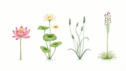 Elegant Botanical Illustration Lotus Flowers Grasses and Aquatic Plants