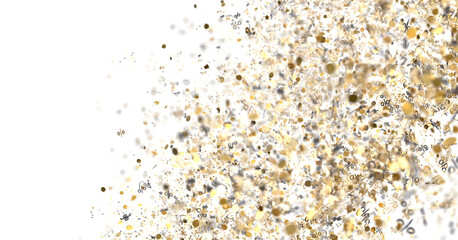 Abstract background of gold and silver percentage confetti. Perfect for sale banners, promotions, and discounts.
