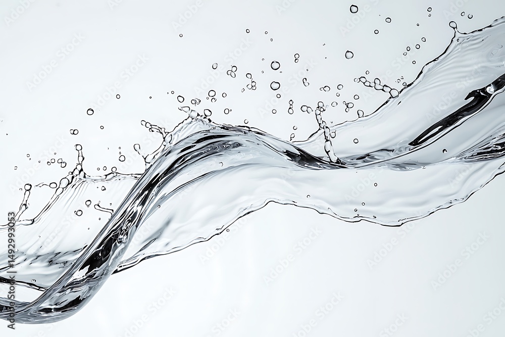 Poster clear water splash with bubbles creating dynamic wave patterns on light background