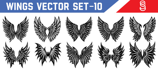 Elegant symmetrical black wings vector set angelic and demonic silhouettes for tattoos fantasy character design and gothic graphic work.