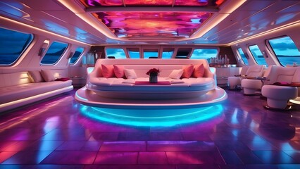 A radiant party yacht glowing with vibrant neon floors on a cosmic ocean, Cinematic theme, HDR, Vibrant