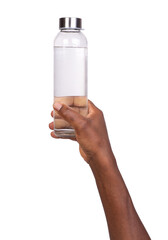 Man holding a bottle of water isolated on white background