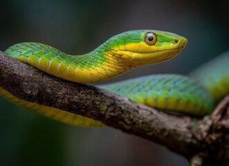 Obraz premium Green Vine Snake: A Vibrant, Close-Up Portrait in Nature