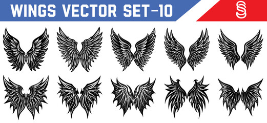 Dark vector illustrations of black angel and demon wings for fantasy tattoos gothic branding character design and digital storytelling projects.