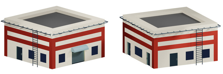 Industrial building in two versions. 3D render. Orthogonal.