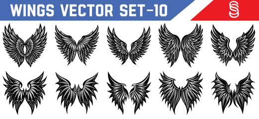 Digital vector collection of black angel and demon wings ideal for fantasy tattoos gothic posters mythology stories and spiritual concept art.