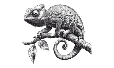 Vintage wildlife etching of chameleon, monochrome hand-drawn reptile line art, rustic fauna sketch, detailed nature illustration, old engraving style, trendy nature artwork, intricate black sketch © Vintage Studio