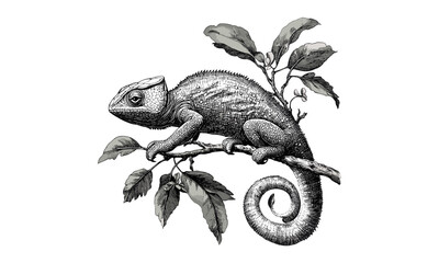 Vintage Chameleon Engraving, Monochrome Reptile Line Art, Detailed Nature Illustration, Rustic Animal Print, Retro Fauna Drawing, Old Engraving Style, Wildlife Sketch © Vintage Studio