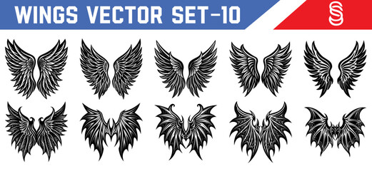 High detail vector pack of black wings showcasing angel and demon symmetry perfect for gothic illustrations tattoo designs and dark mythology concept art.