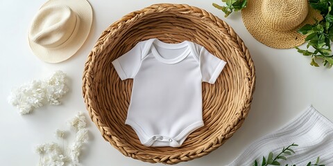 Baby bodysuit in a wicker basket