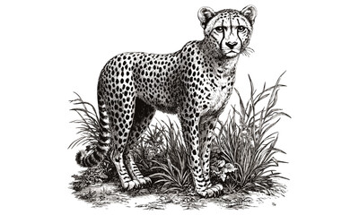 Vintage monochrome etching of big cat, hand-drawn cheetah sketch in grassland, safari wildlife art, nature illustration, old engraving style, trendy animal decor, predator wildlife print