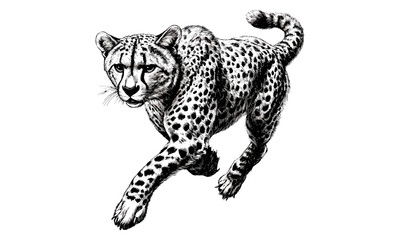 Big cat cheetah hand-drawn sketch, vintage engraving style, monochrome wildlife art for jungle decor, retro animal illustration, trendy predator artwork, classic etching animal print