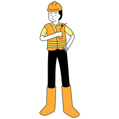 Flat outline illustration of a construction worker with tools used and a worker suit