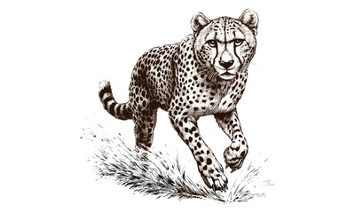 Monochrome cheetah in motion engraving, vintage big cat sketch, retro jungle animal illustration, trendy wildlife decor art, old engraving style, hand-drawn exotic feline design