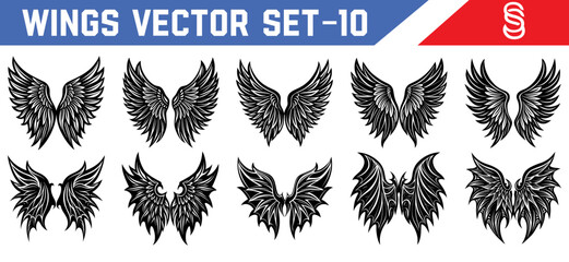 High contrast black wings vector silhouettes fantasy angel and demon designs for use in illustration tattoos and creative visual projects.