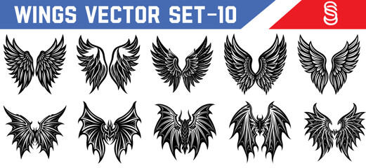 Fantasy vector set of symmetrical black wings in angel and demon styles ideal for use in spiritual themed designs and illustration projects.