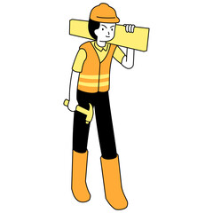 Flat outline illustration of a construction worker with tools used and a worker suit
