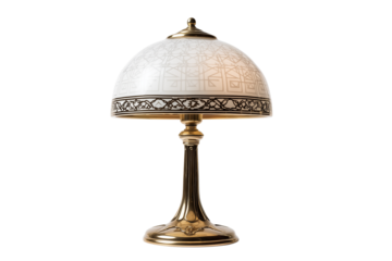A set of stylish Art Deco table lamps with frosted glass shades and polished metal stems isolated on a transparent background