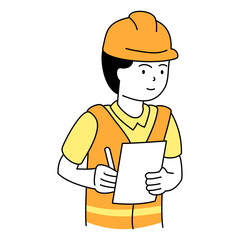 Flat outline illustration of a construction worker with tools used and a worker suit