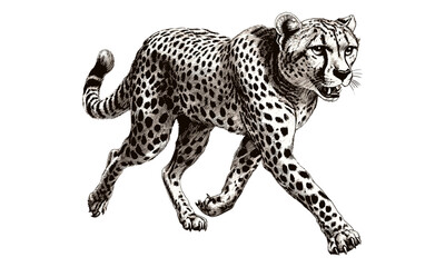 Cheetah on the Move Etching, Old Engraving Style Line Art, Hand-drawn Wild Cat Illustration, Safari Animal Sketch, Retro Fauna Print, African wildlife drawing, hunting scene