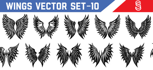 Fantasy black wings silhouette illustrations angel and demon vector icons perfect for tattoos spiritual art and book cover designs.