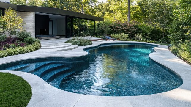 stunning contemporary home with a sculptural, freeform pool that blends seamlessly into the landscaped gardens and minimalistic architecture.