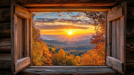 Autumn sunrise view from a rustic window