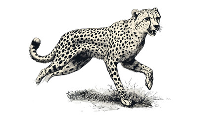 Monochrome Cheetah Sprinting Art, Vintage Safari Etching, Retro Animal Drawing, Rustic Wildlife Line Art, Old Engraved Style Sketch, wild predator artwork, nature ink print