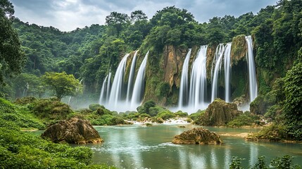Fototapeta premium A spectacular waterfall cascades down a lush jungle canyon, captured in a long exposure of silky flowing water, surrounded by dramatic rock formations and lush tropical vegetation.