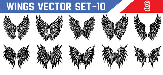 Dark and light fantasy wings collection vector black angel and demon silhouette set mystical spirit wing illustrations for graphic design and tattoo art.